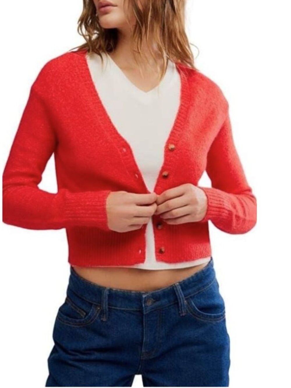 Free People School Girl Cropped Bright Red V-Neck Button Cardigan forWomen. Sz S
